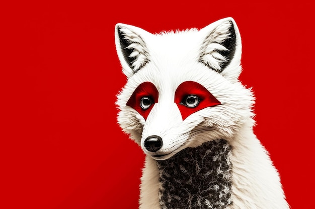 Renard arctique avec masque drôle sur fond rouge