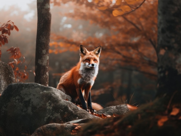 Un renard assis sur un rocher dans les bois image générative ai