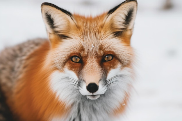 Un renard au visage blanc et aux yeux jaunes regarde la caméra.