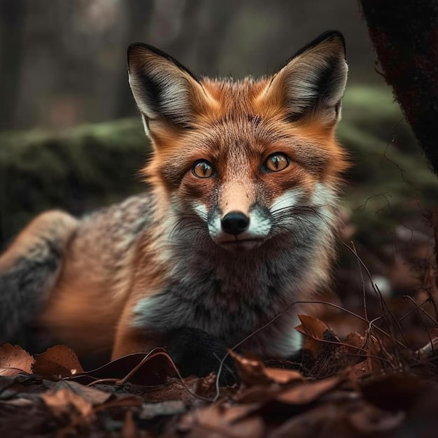 Un renard aux yeux bleus est assis dans une forêt.