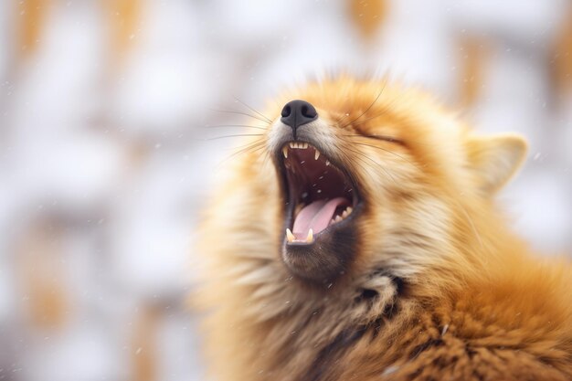 Un renard bâillant entouré de flocons de neige