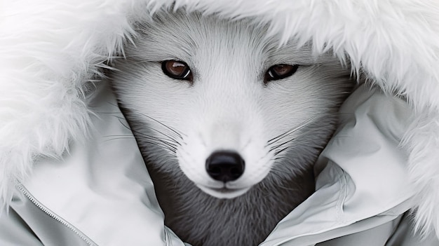 Un renard blanc dans un manteau blanc avec un nez noir