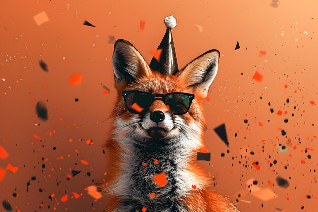 Photo le renard capricieux dans un chapeau de fête et des lunettes au milieu des confettis