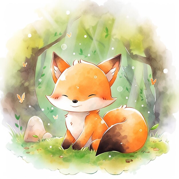 Le renard Chibi vibrant sur un fond d'aquarelle douce