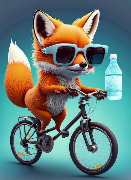 Photo un renard cool sur une bicyclette avec une bouteille d'eau sur fond bleu