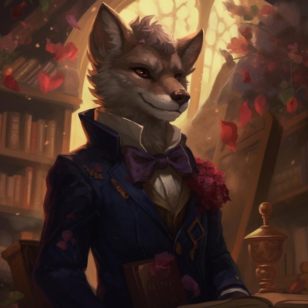 Un renard en costume avec un livre à la main.