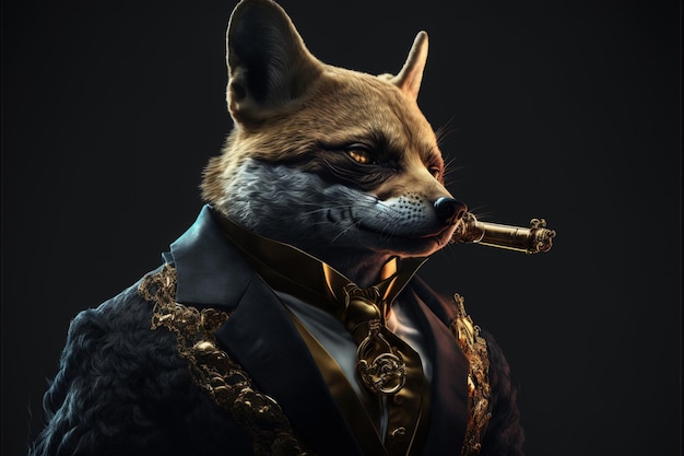 Un renard en costume avec une pipe fumante