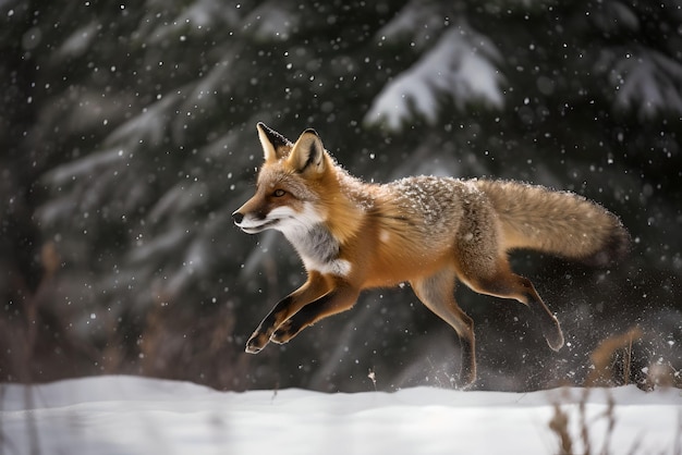 Un renard court dans la neige