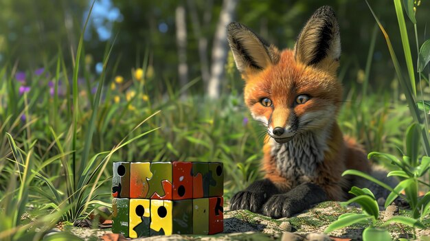 Photo un renard curieux est assis dans une forêt verte luxuriante à côté d'un cube de puzzle coloré