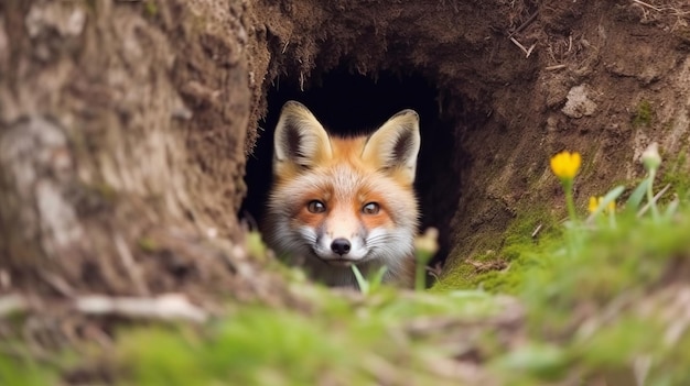 Photo un renard curieux sortant d'une tanière généré par l'ia