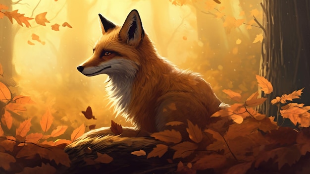 Un renard dans les bois avec des feuilles d'automne au sol