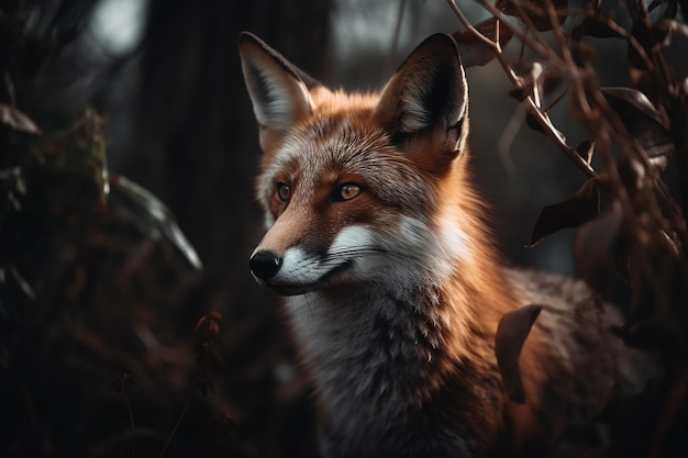 Un renard dans les bois avec un fond sombre