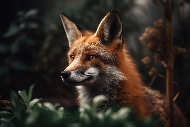 Un renard dans les bois avec un fond vert