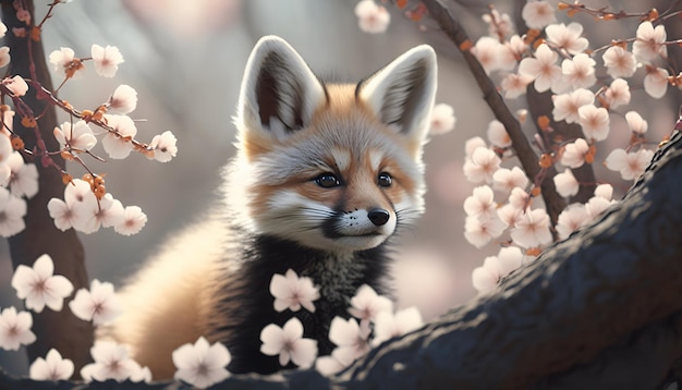 Un renard dans un cerisier en fleurs