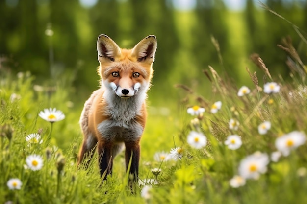 Un renard dans un champ de fleurs