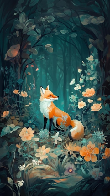 Un renard dans une forêt avec des fleurs et un fond bleu.