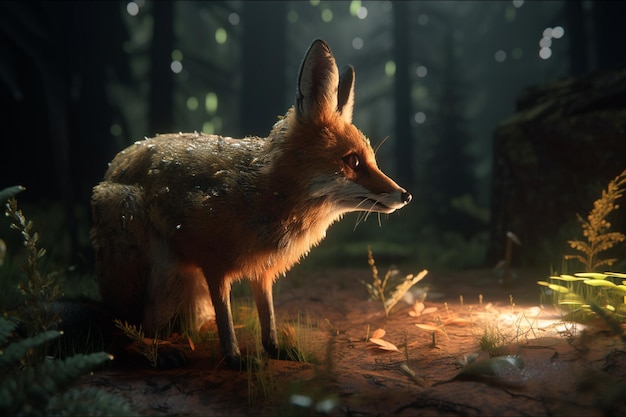 Un renard dans une forêt avec une lumière dessus