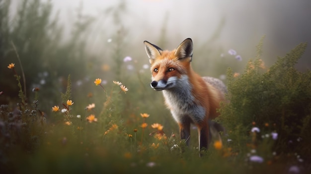 renard dans un monde d'inspiration fantastique avec des fleurs