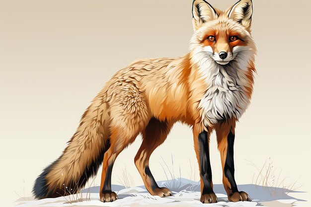 Un renard debout sur la neige dessiné à l'aquarelle isolé sur fond beige