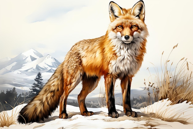 Un renard debout sur la neige dessiné à l'aquarelle