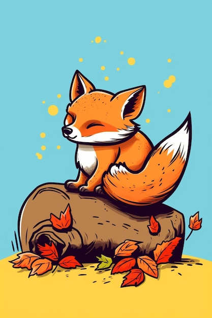 Photo renard de dessin animé assis sur une bûche avec des feuilles et des feuilles tombantes ai générative