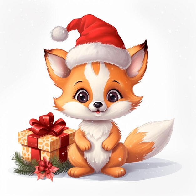 Photo un renard de dessin animé avec un chapeau de père noël assis à côté d'une boîte à cadeaux