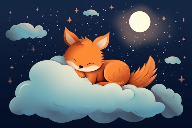 Un renard de dessin animé dormant sur un nuage avec la lune en arrière-plan.