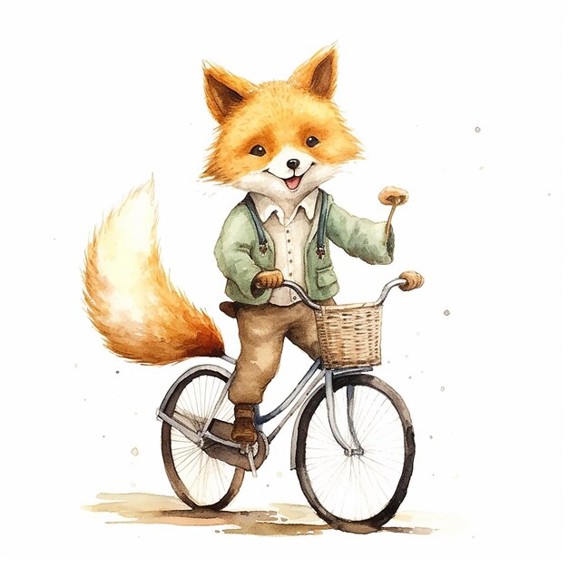 Le renard de dessin animé joueuse à vélo illustration à l'aquarelle