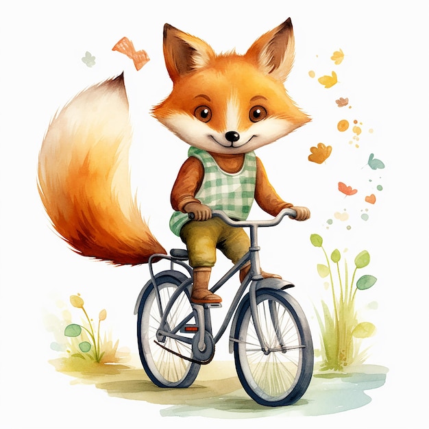 Le renard de dessin animé joueuse à vélo illustration à l'aquarelle