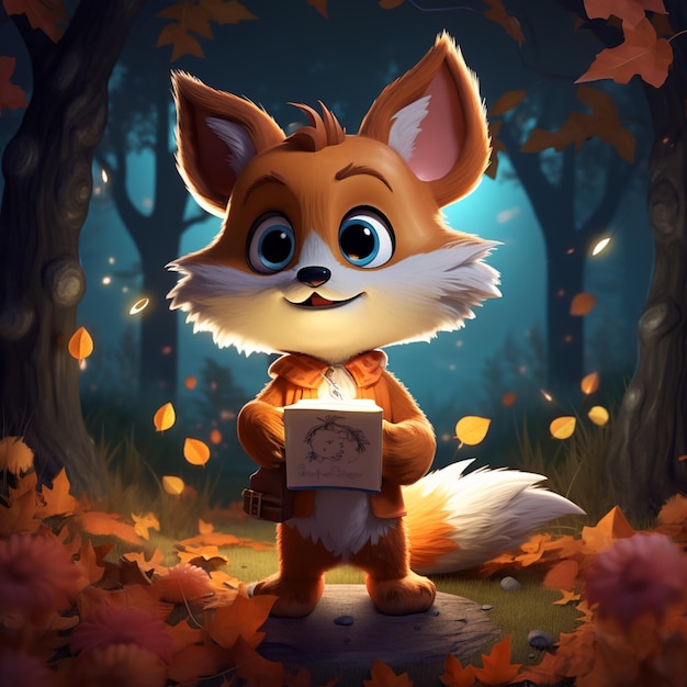 un renard de dessin animé avec un livre dans les bois la nuit