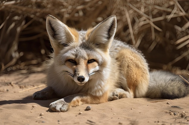 Renard du désert allongé au soleil avec sa queue touffue enroulée autour de lui-même créé avec une IA générative