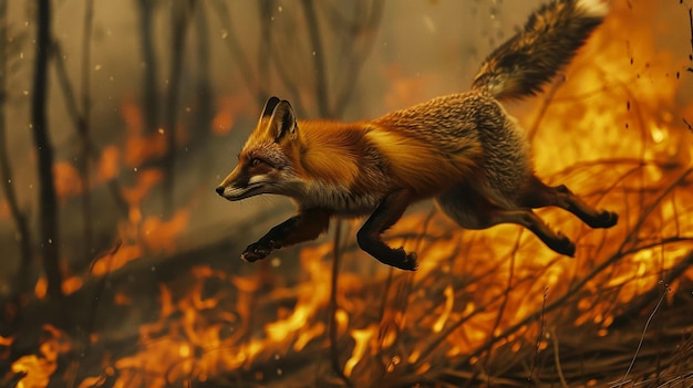 Un renard échappant à un feu de forêt