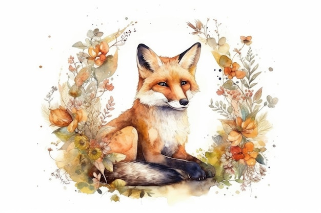 Renard entouré de fleurs colorées dans une aquarelle AI générative