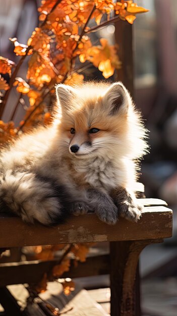 Photo un renard est assis sur un banc en bois avec un buisson en arrière-plan