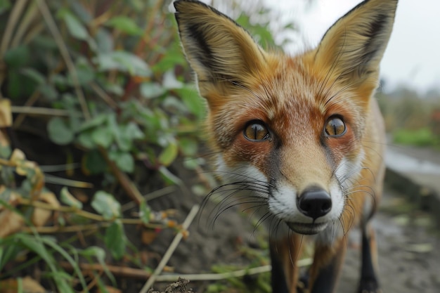 Un renard est debout dans un champ avec sa tête inclinée vers le côté