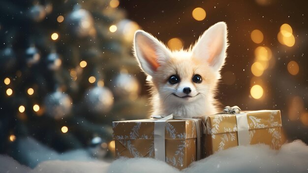 Renard fennec super mignon avec boîte-cadeau de Noël Image générée par l'IA