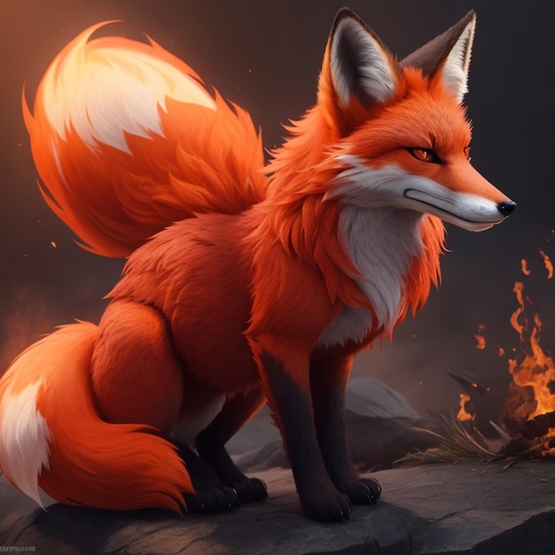 un renard avec un feu brûlant en arrière-plan