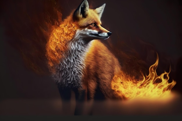 Un renard avec des flammes dessus est devant un fond noir.