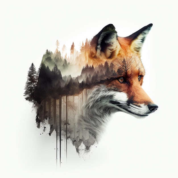 Un renard avec une forêt sur le visage est représenté.