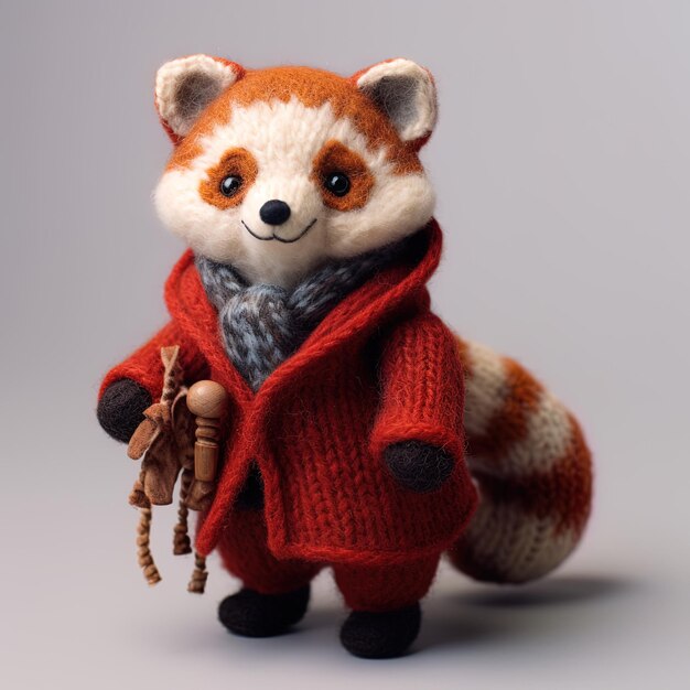 un renard jouet avec un manteau rouge et un jouet