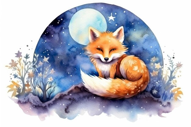 Photo renard et lune fantaisie galaxie aquarelle isolé fond blanc