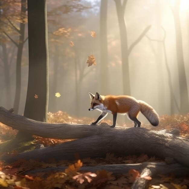 Photo un renard marche sur un arbre tombé dans les bois.