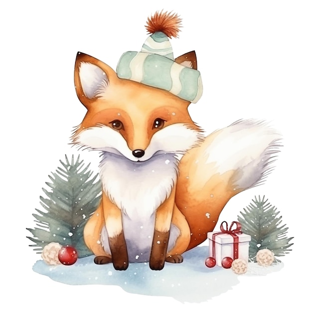 Renard mignon aquarelle au chapeau isolé sur carte de Noël blanche AI générative