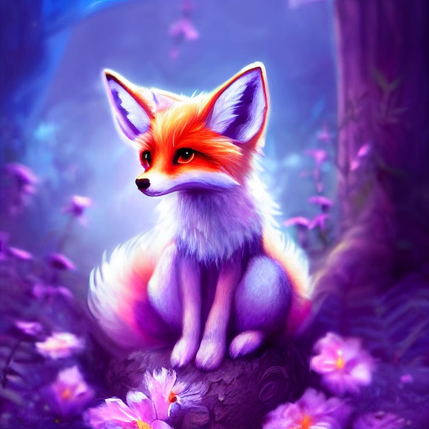 renard mignon assis sur une illustration de fleurs violettes