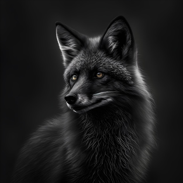 Un renard noir avec des yeux jaunes et un fond noir.