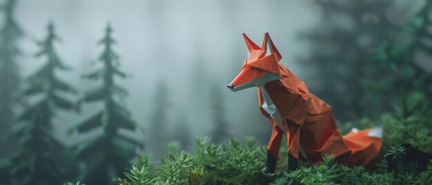 Un renard origami en papier solitaire dans un brouillard serein