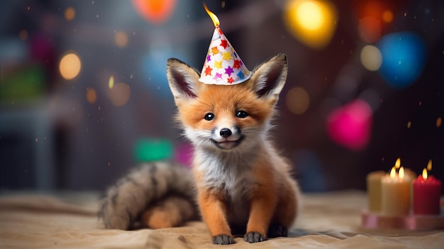 Un renard portant un chapeau de fête est assis sur un lit.