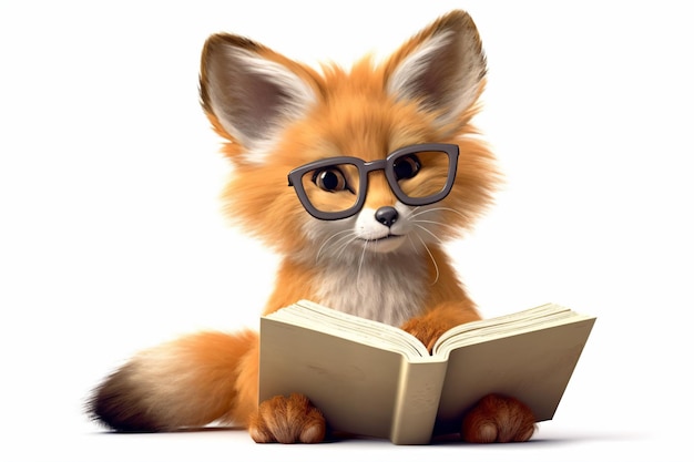 un renard portant des lunettes lisant un livre