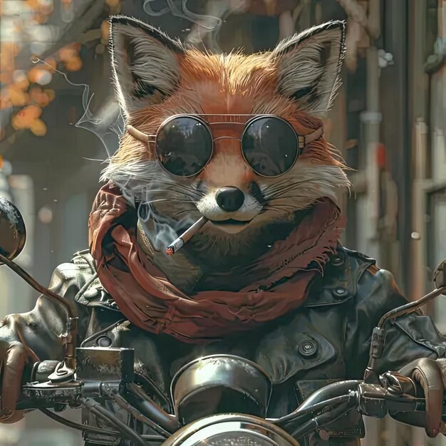 Un renard portant des lunettes de soleil et un foulard sur une moto