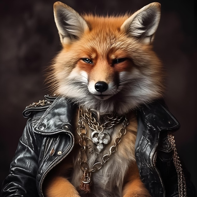 Un renard portant une veste en cuir et un collier est assis sur une chaise.
